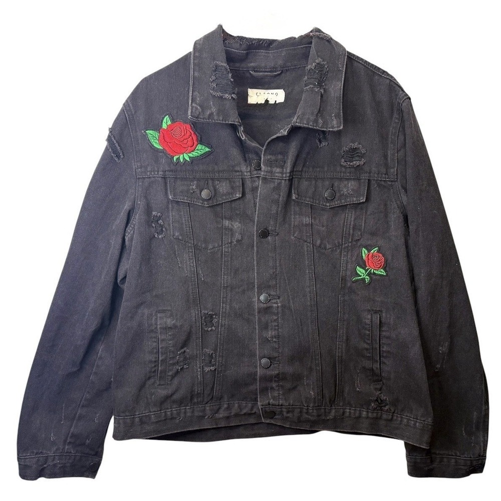 C I Sono Women's XL Denim Collection Black Distressed Red Embroidered Roses